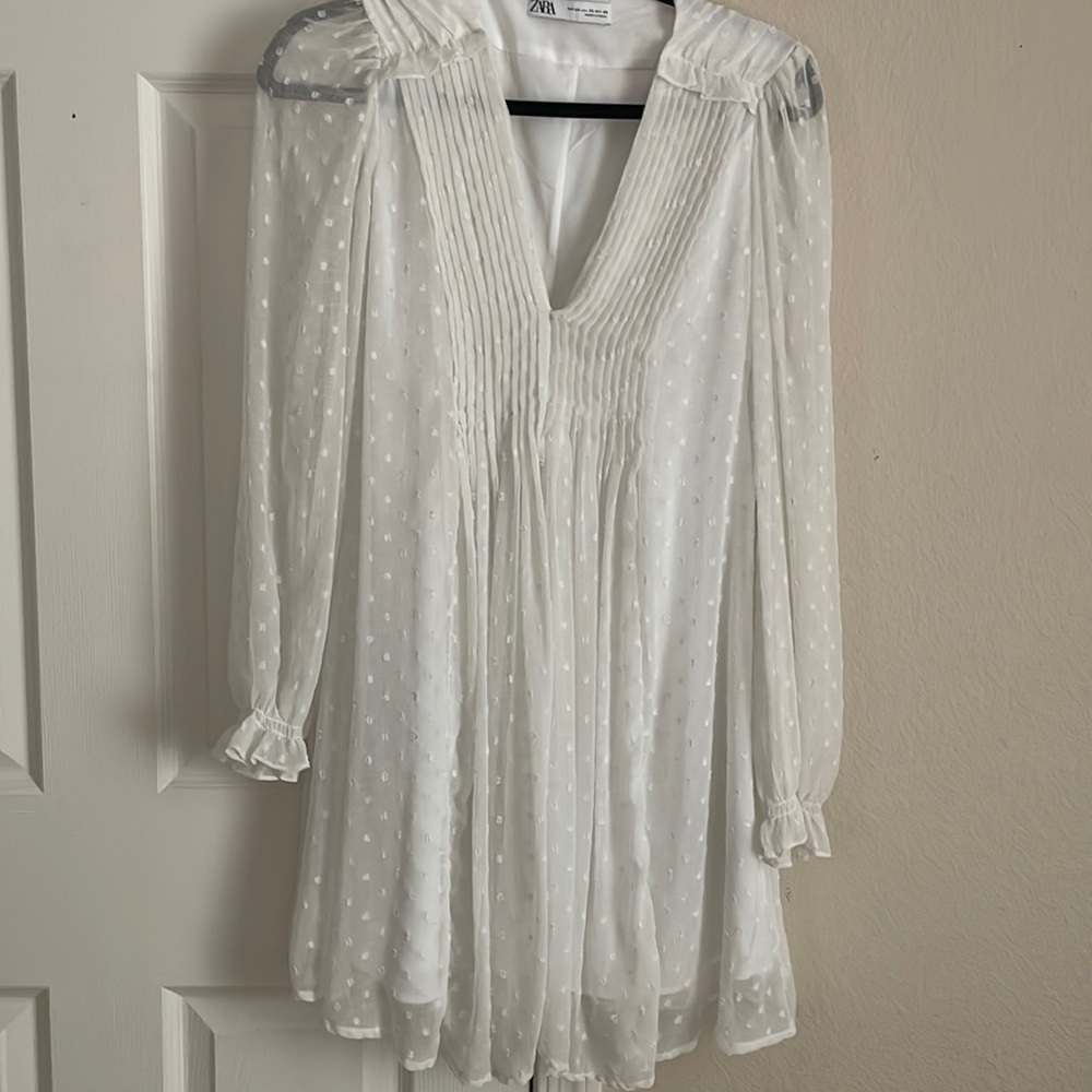 Zara White Dotted Long Sleeve Mini Dress